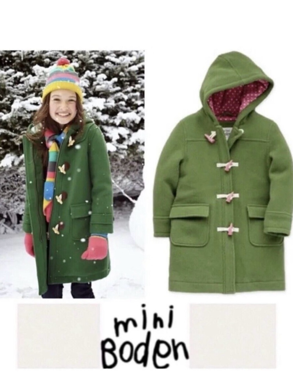 Mini Boden Girls' Olive Green Hooded Toggle Coat with Pink Lining